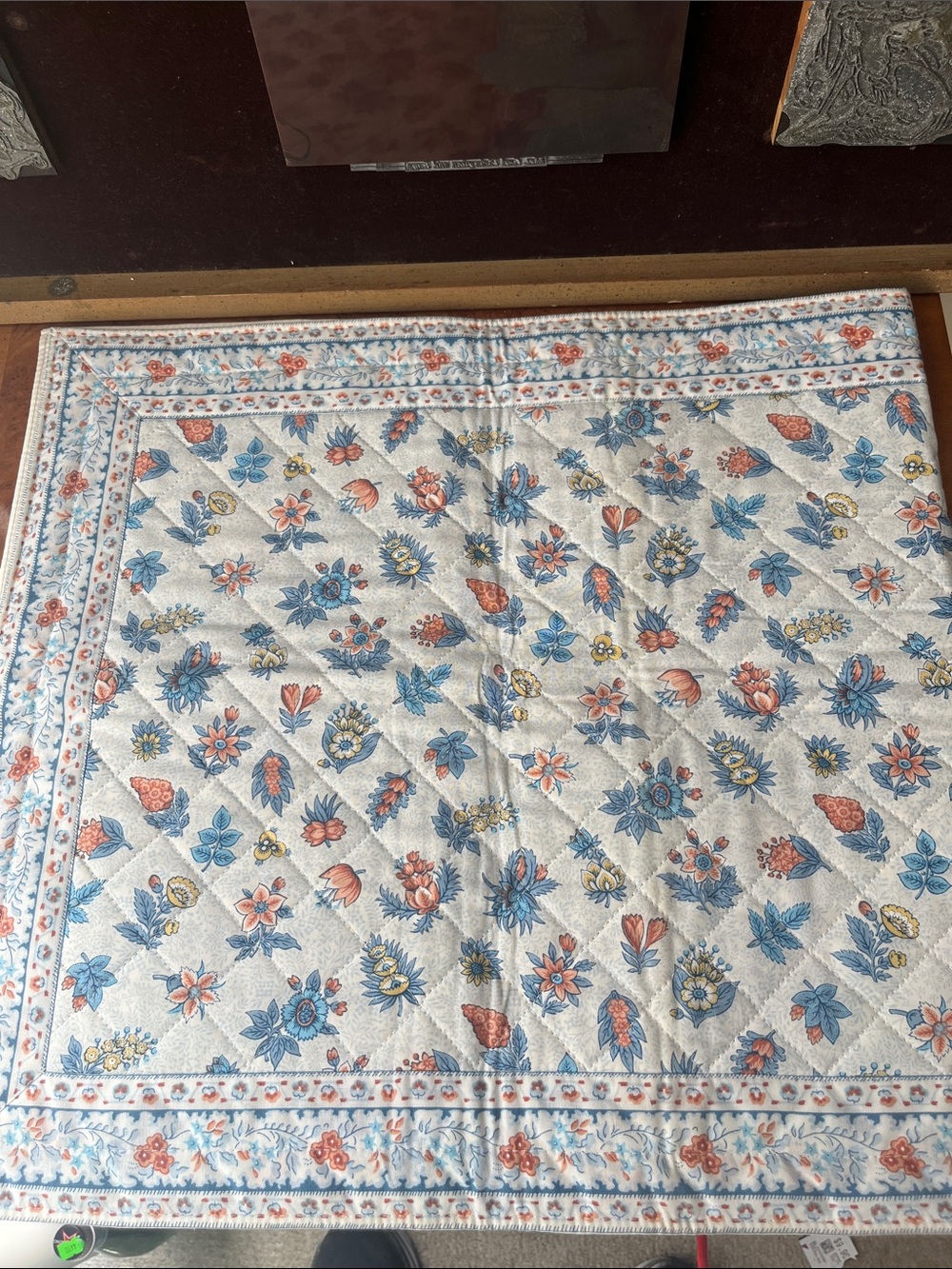 Quilted Floral Tablecloth in Blue, Coral, and Cream